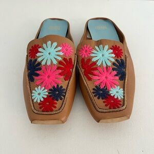 Frances Valentine Evelyn Dark Camel Tumbled Leather Mules with Floral Embroidery